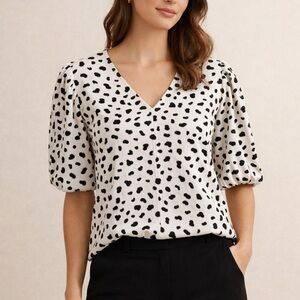 Melloday Dalmatian Print Puff Sleeve Blouse XL Black White V-Neck Top